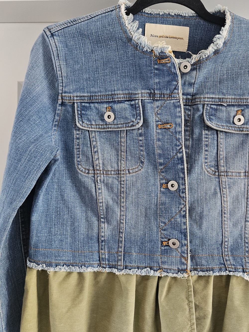 Anthro Pilcro and the Letterpress Blue Denim Peplum Jacket Olive Layer - Small - Picture 3 of 7